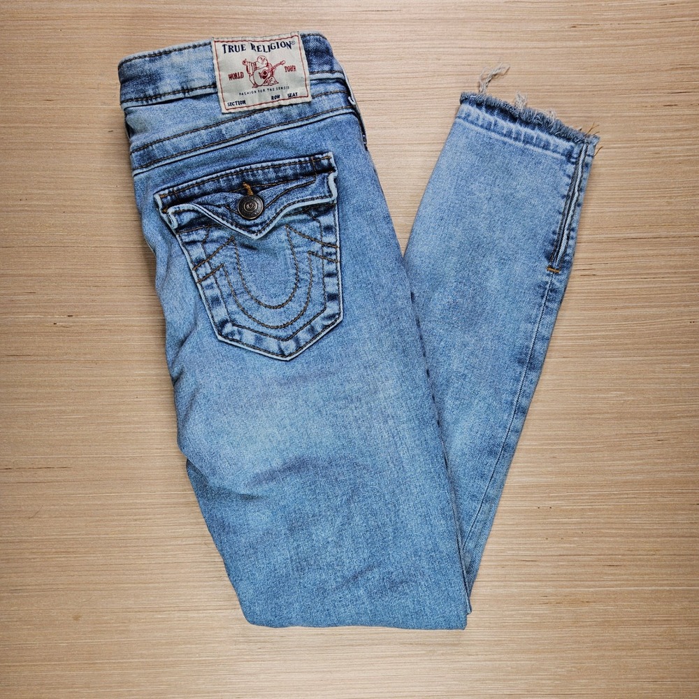 True Religion Jeans Women 26 Blue Halle Mid Rise Super Skinny Ankle Slit Raw Hem